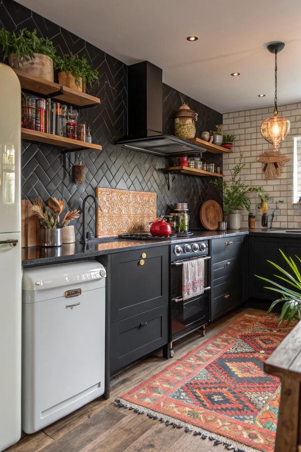 An eclectic kitchen design that merges traditional and modern elements around a black backsplash.