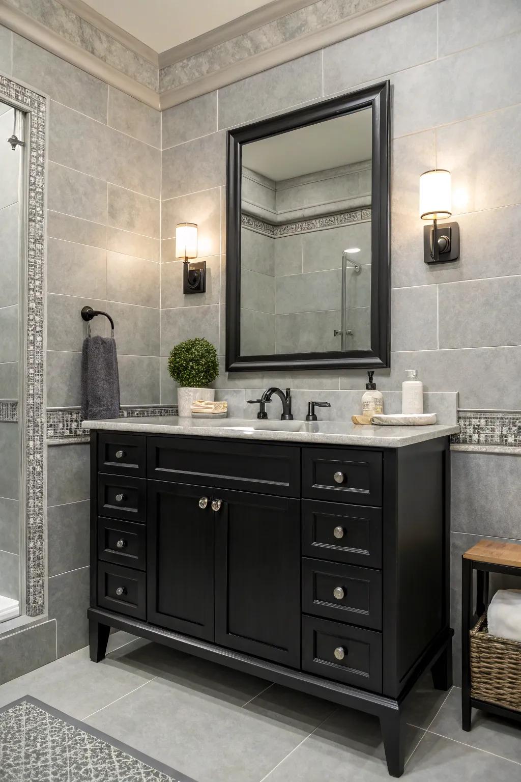 Gray tones provide a sophisticated backdrop for a black vanity, enhancing depth.