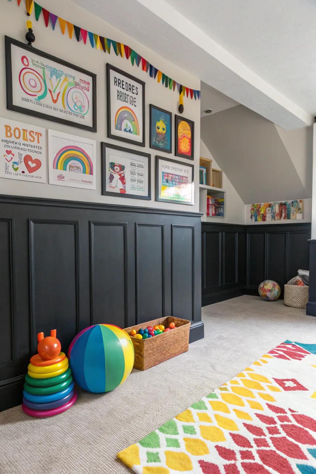 Playful kids' room featuring stylish black wainscoting.