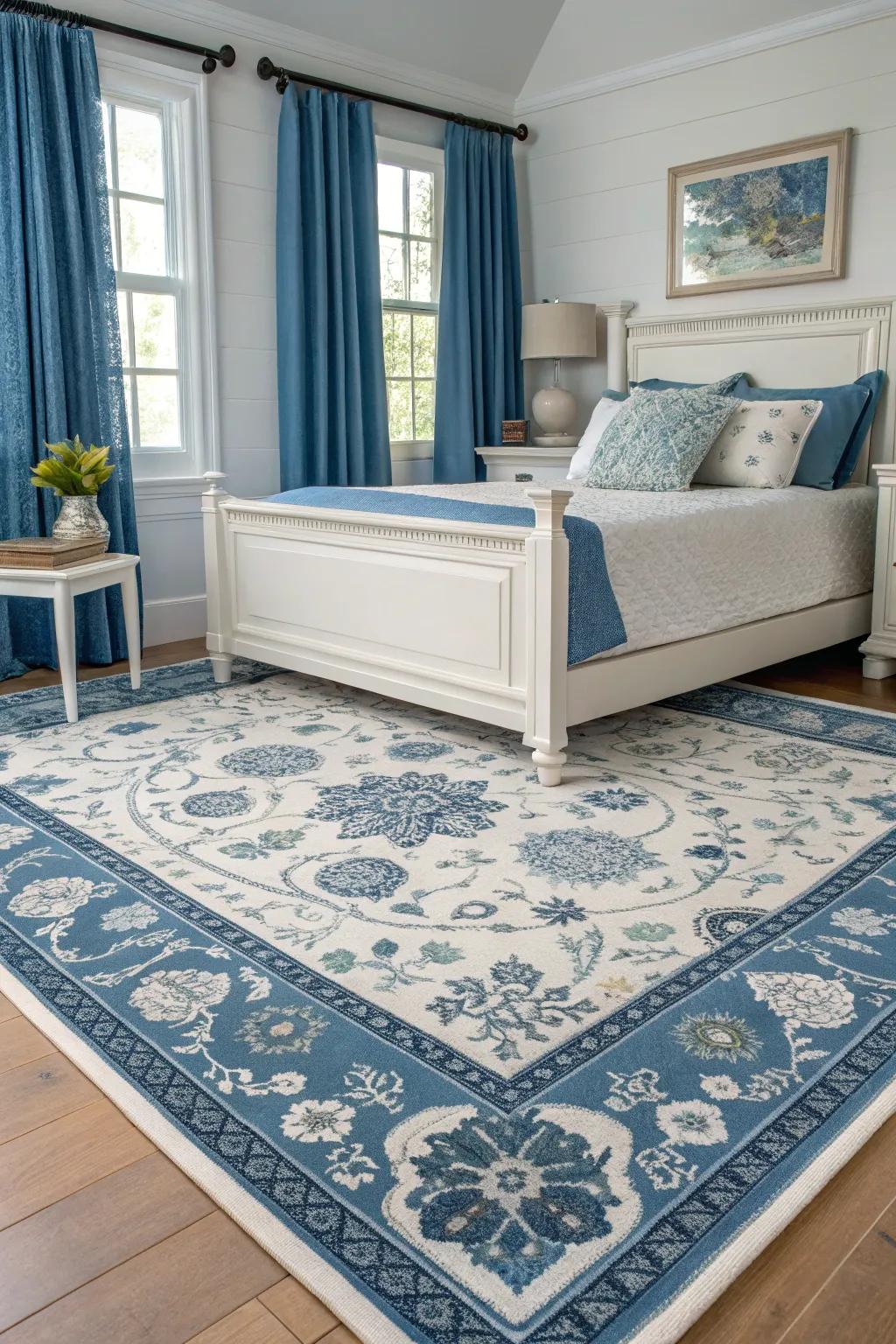 A coordinating area rug ties together the blue and white color scheme.