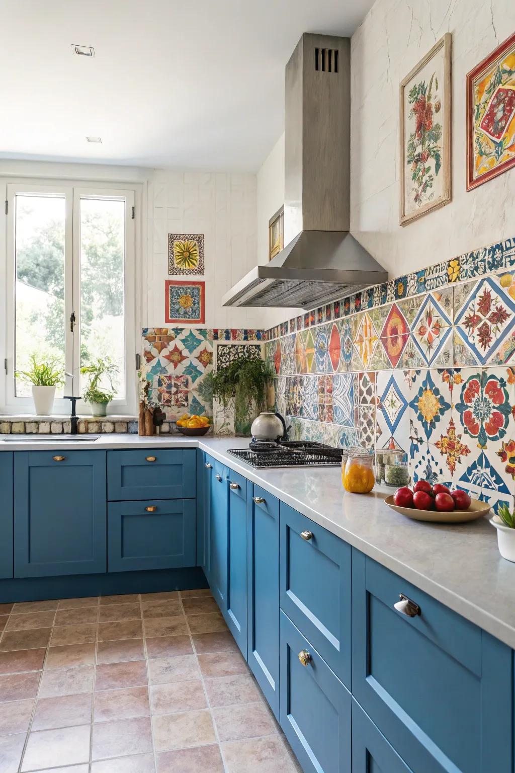 A bold patterned backsplash with blue cabinets adds unique character to the kitchen.