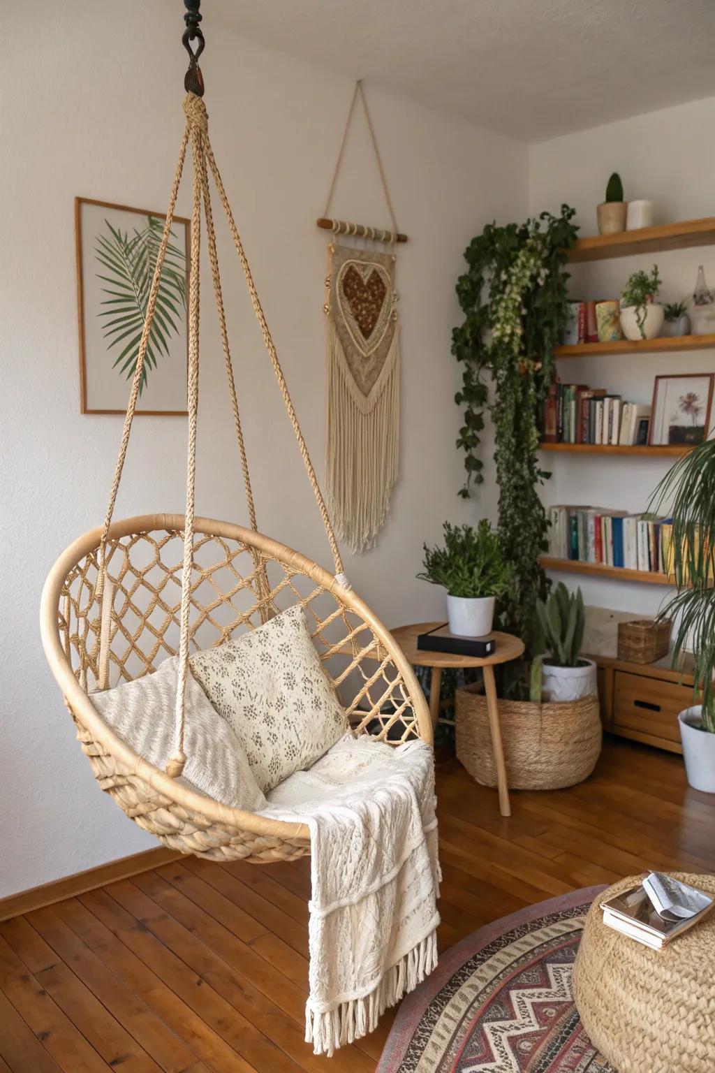 A playful rattan hanging chair in a bohemian corner.