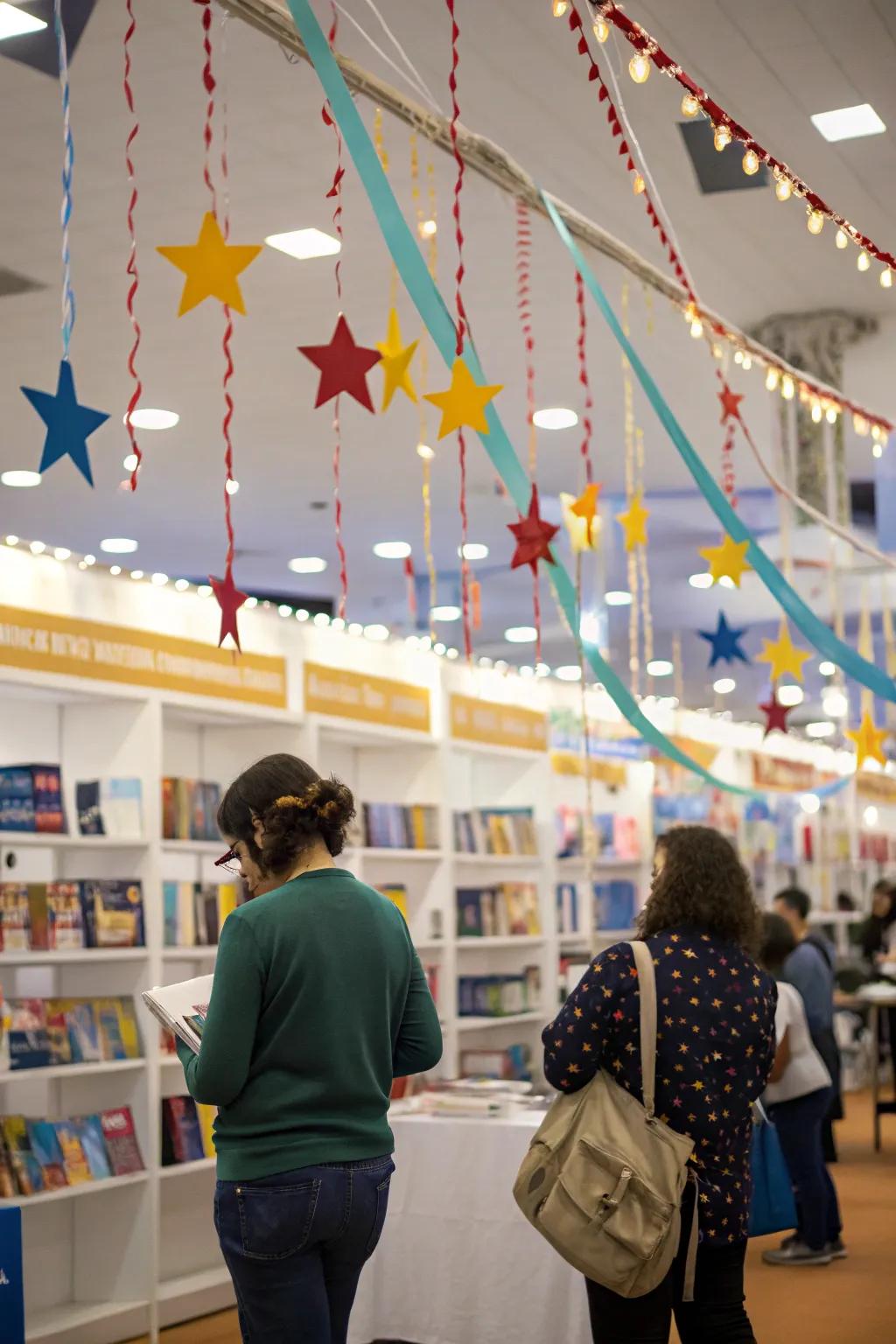 Festive ceiling decorations create a celebratory atmosphere.