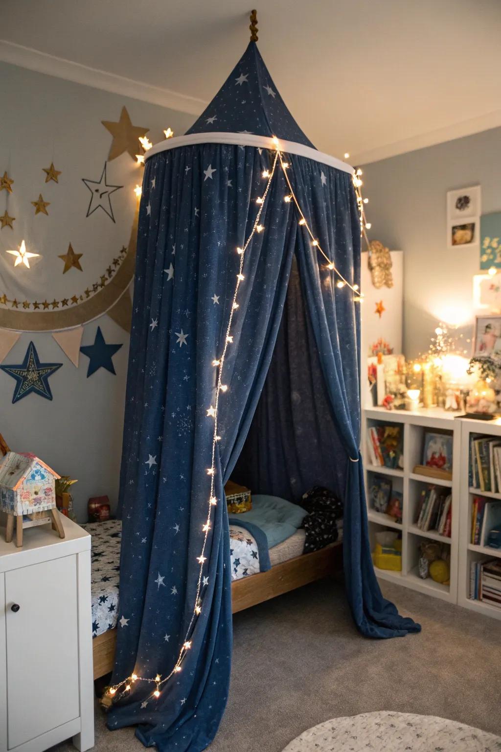 Sleep under the stars with this starry night-themed canopy bed.