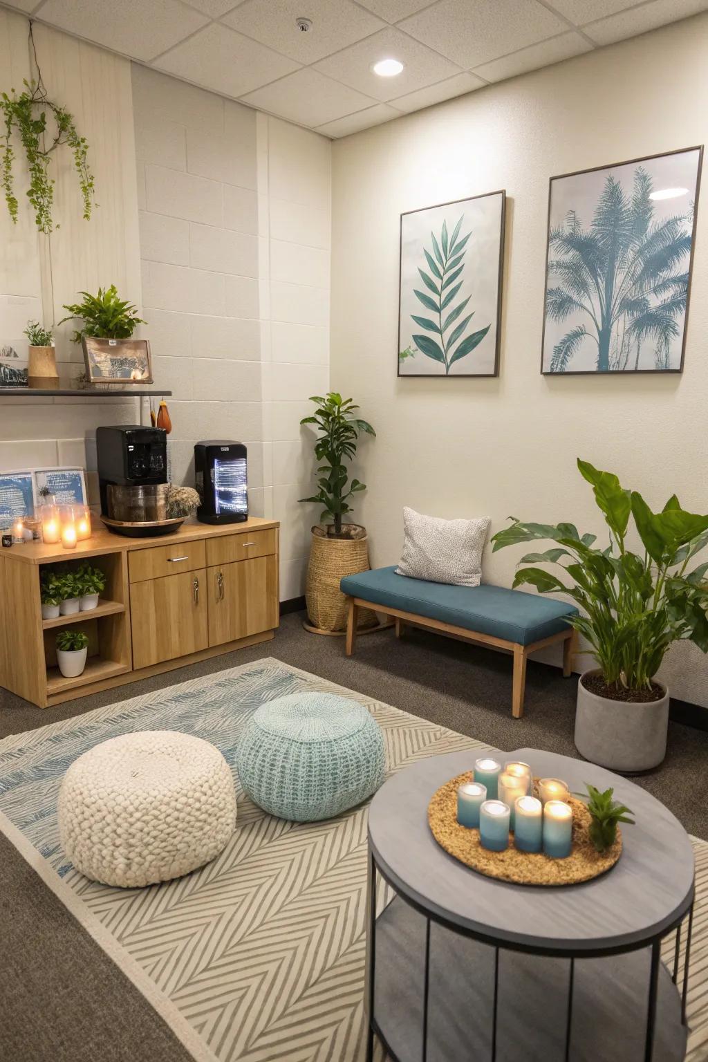 A meditation corner provides a tranquil escape from stress.