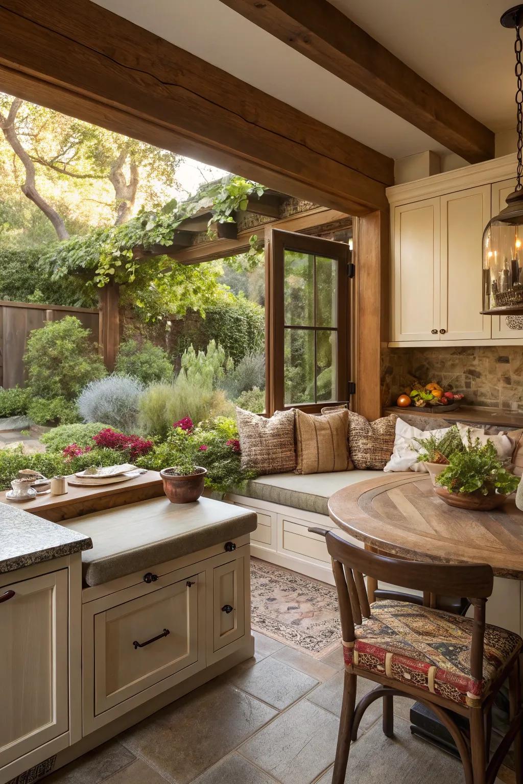 Enjoy a garden view with a wrap-around banquette in your kitchen.