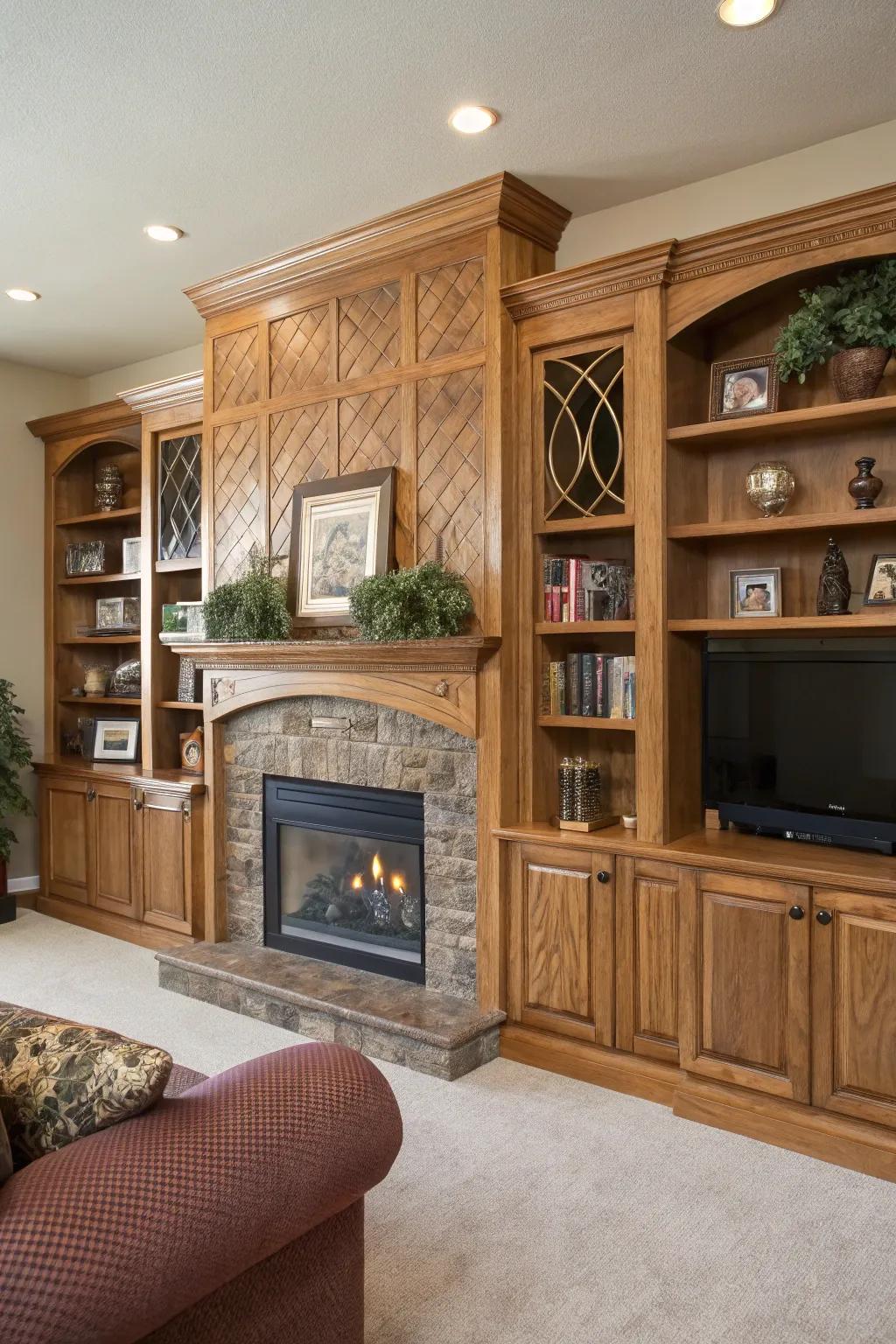 Creative woodwork adds distinctive character to fireplace built-ins.