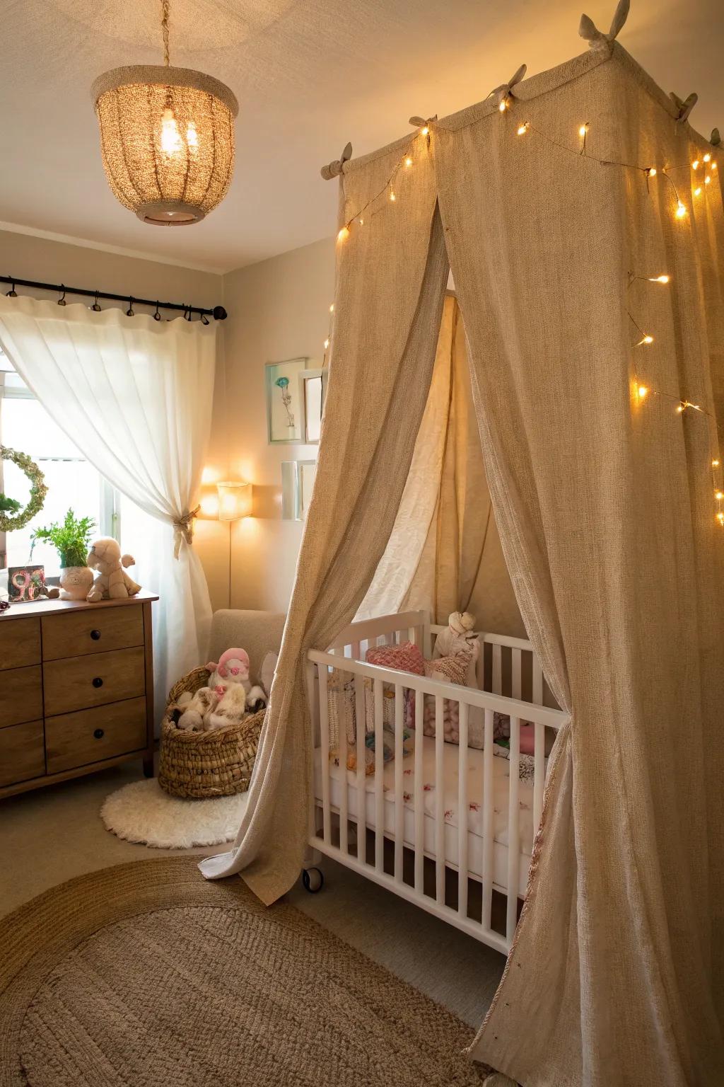 Serene nursery with soft burlap curtains.