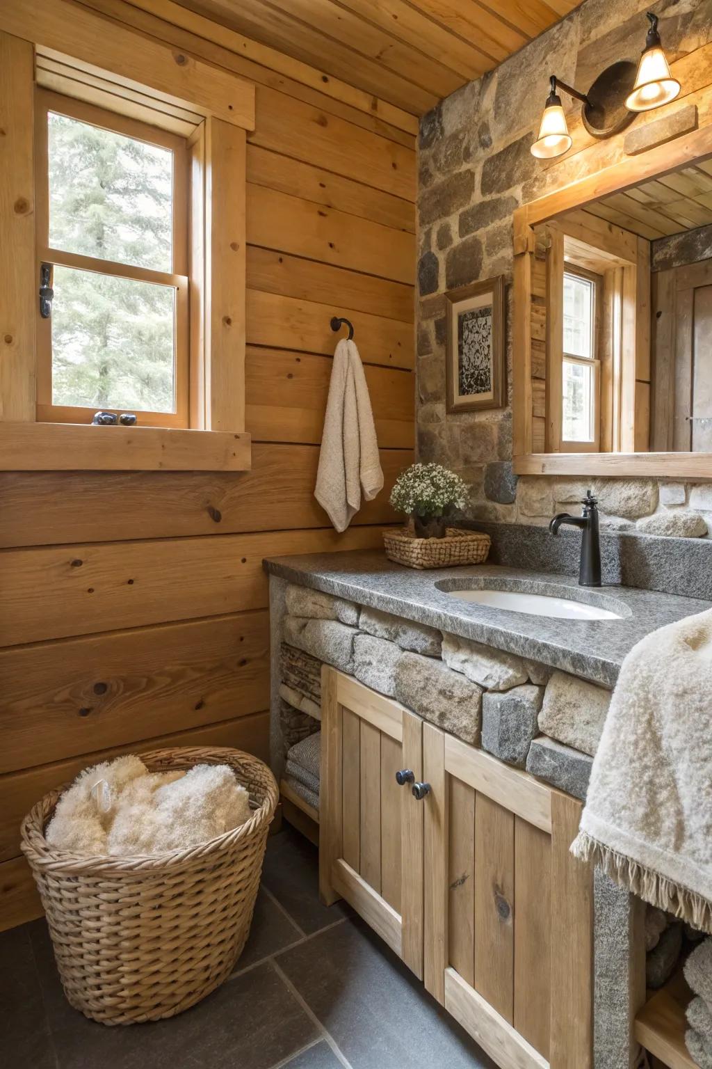 A cabin bathroom featuring a mix of textures for visual interest.