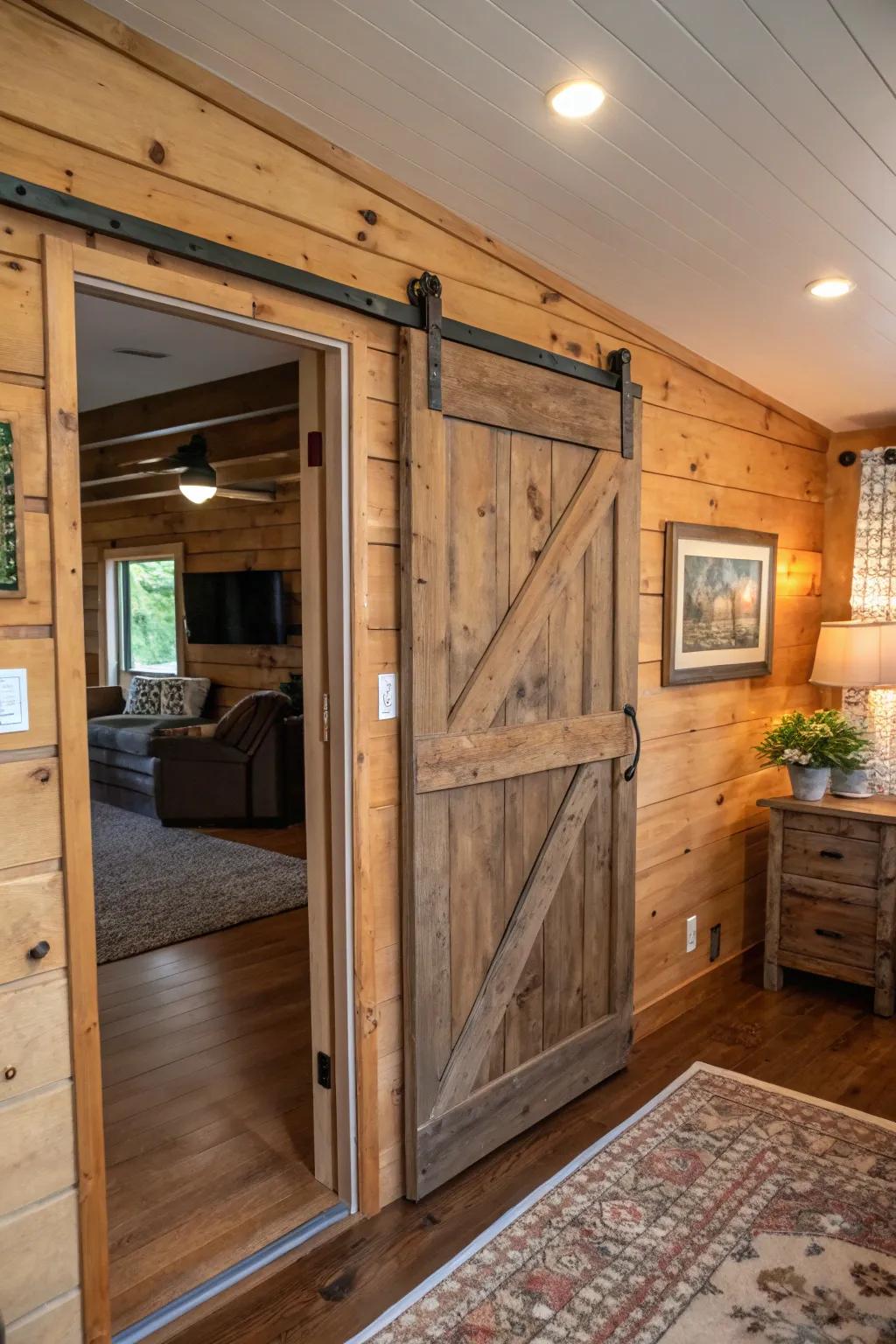 A rustic sliding barn door that combines functionality with charm.