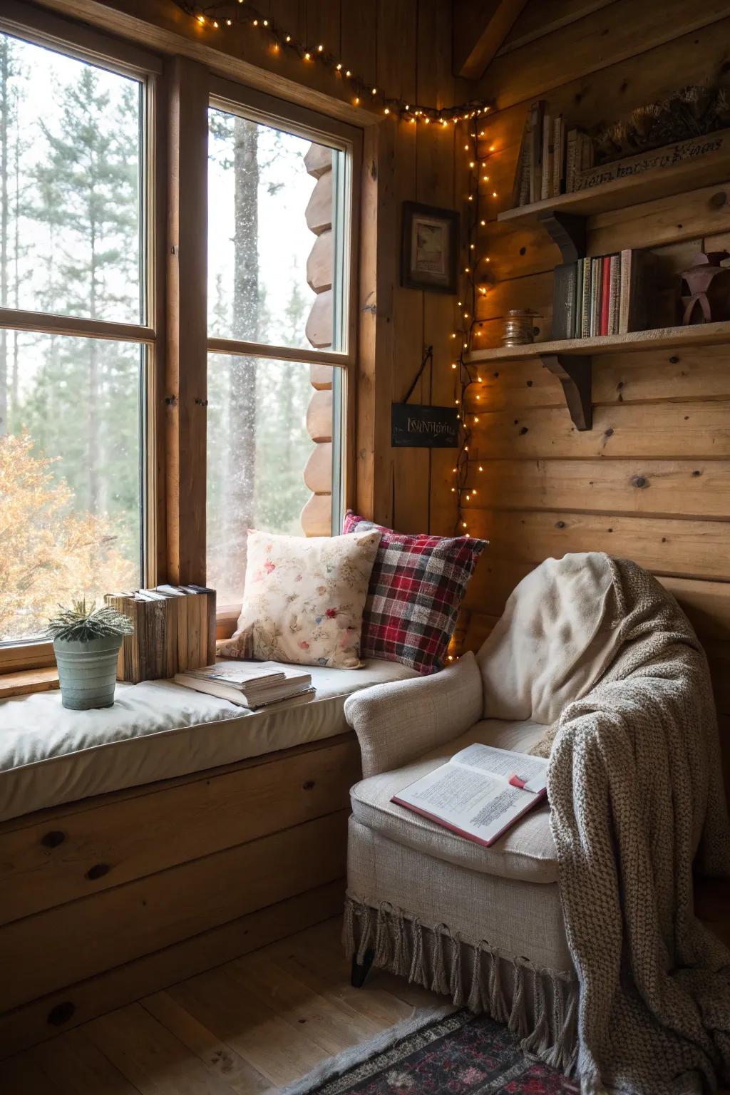 A reading nook offers a peaceful retreat within the cabin.