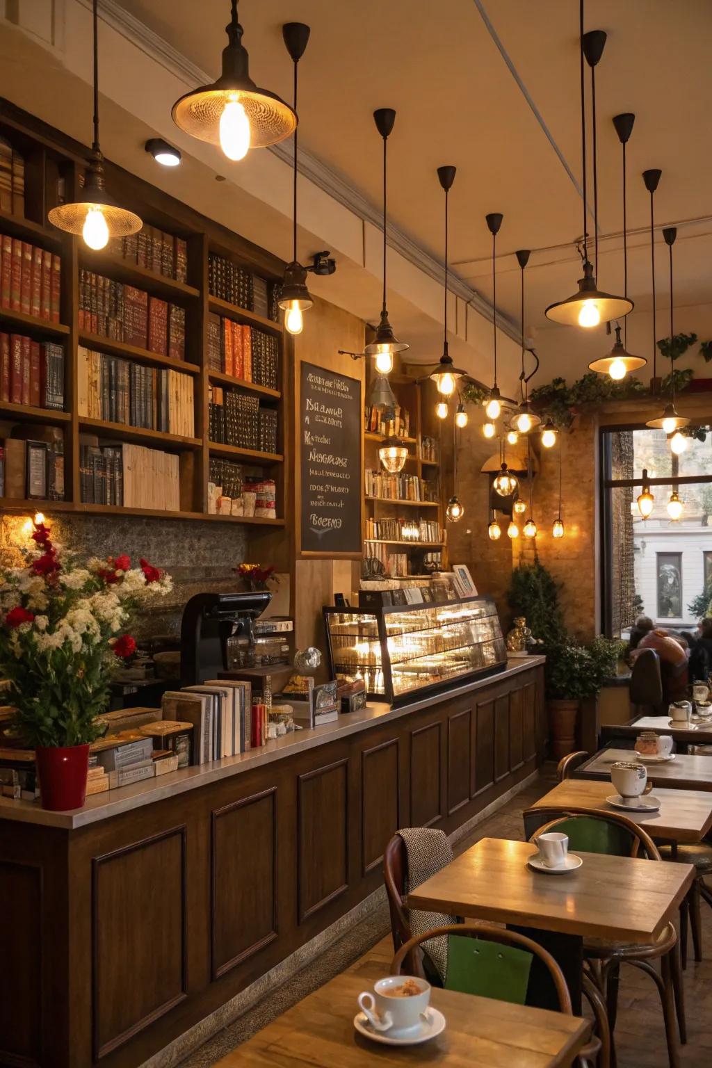 A cafe showcasing adjustable lighting fixtures for versatile ambiance.