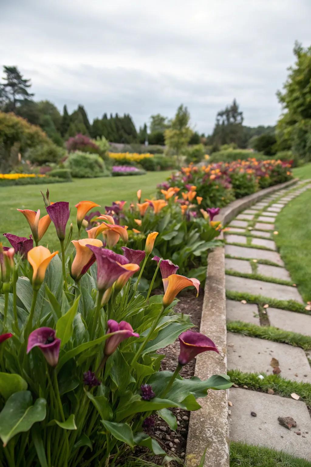 Bold color combinations with calla lilies in the garden.