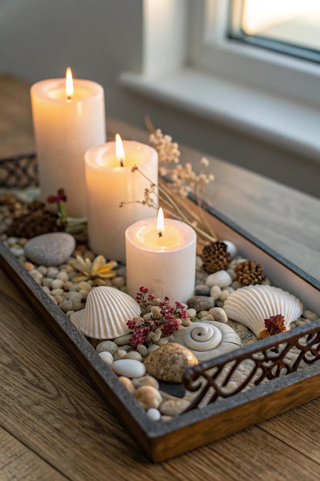 A decorative tray showcasing candles with personal touches.