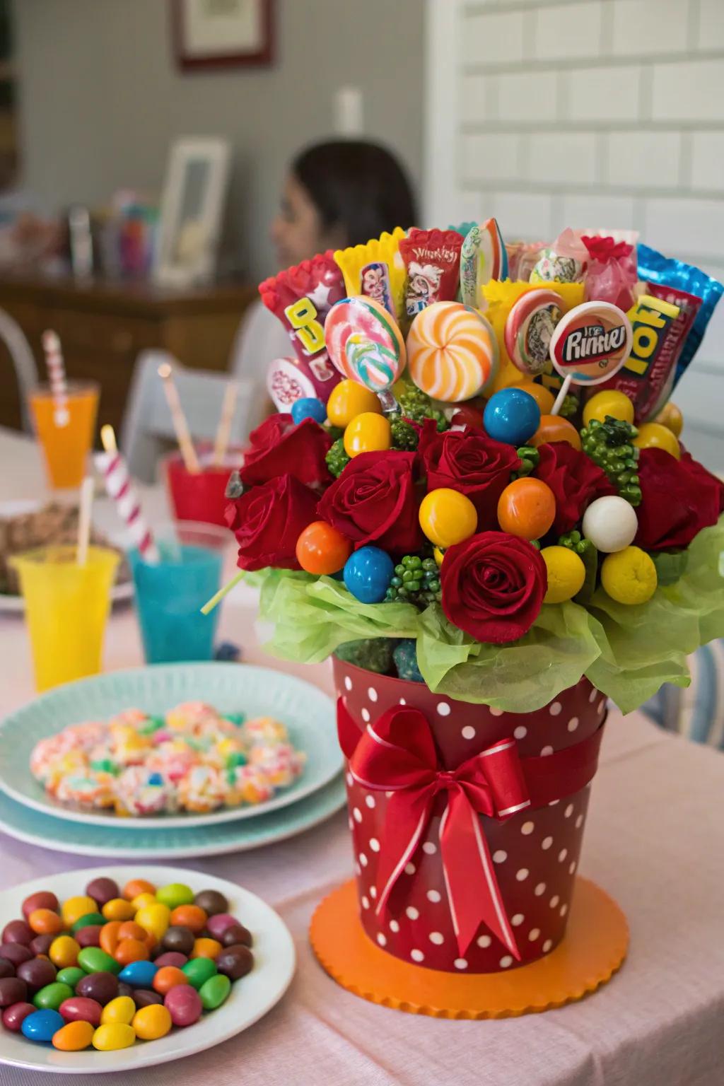 A cohesive themed candy bouquet for parties.