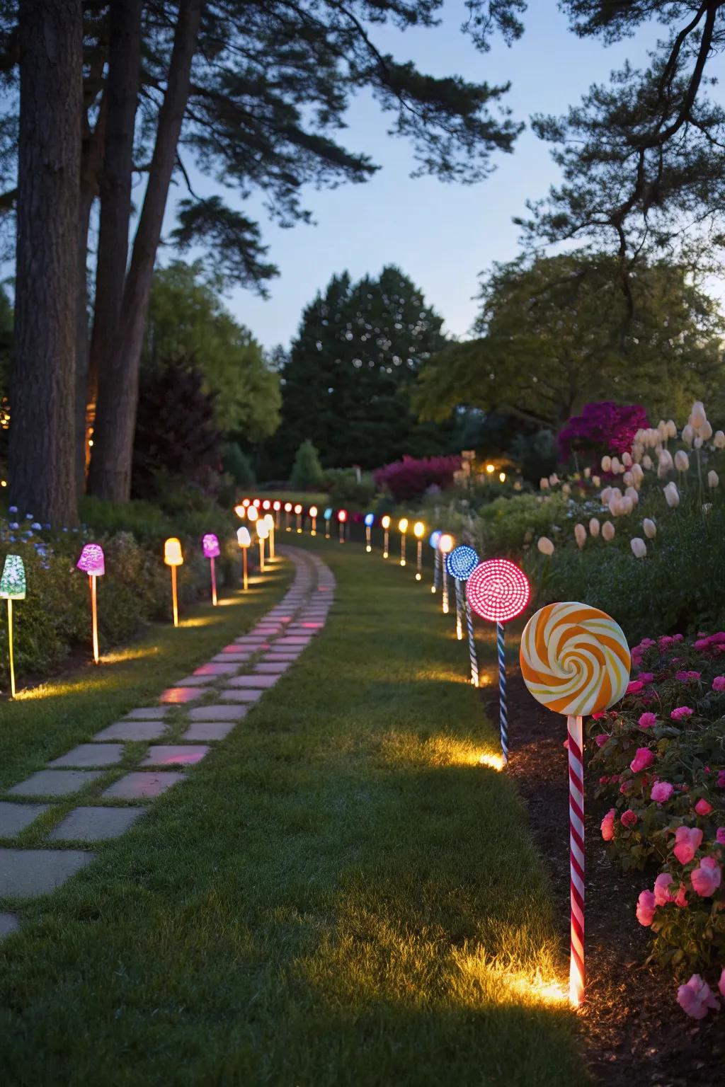 Candyland lights line the path, creating a magical nighttime glow.