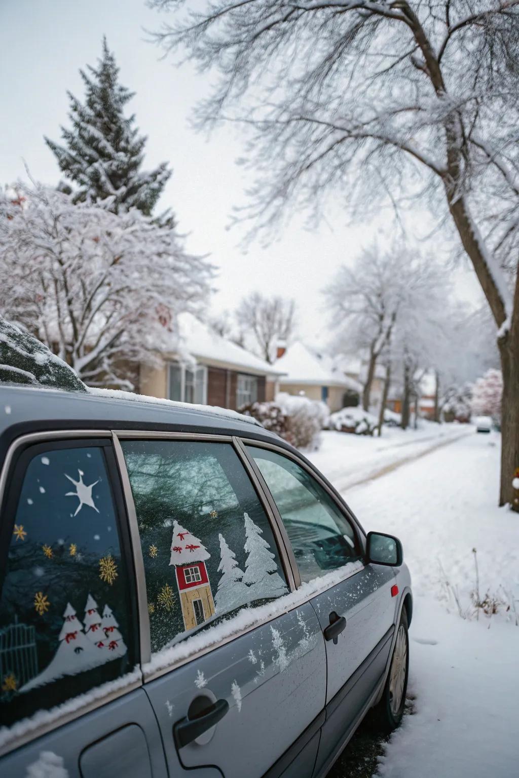 A car window transformed into a winter wonderland with festive decals.