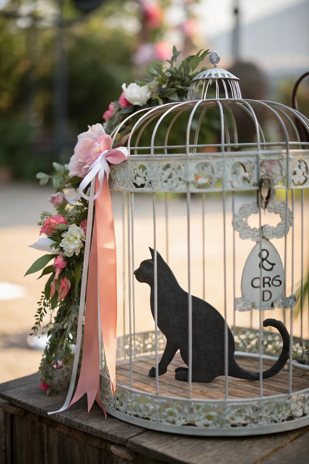 Artistic decor personalizes the cat cage with unique flair.