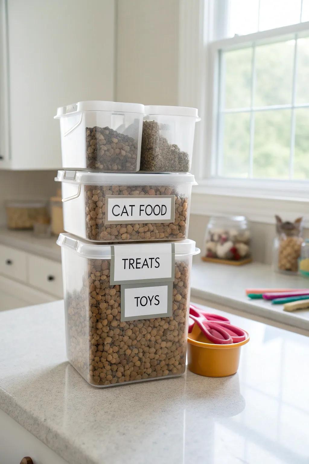 Labeled containers ensuring organized and accessible cat food storage.