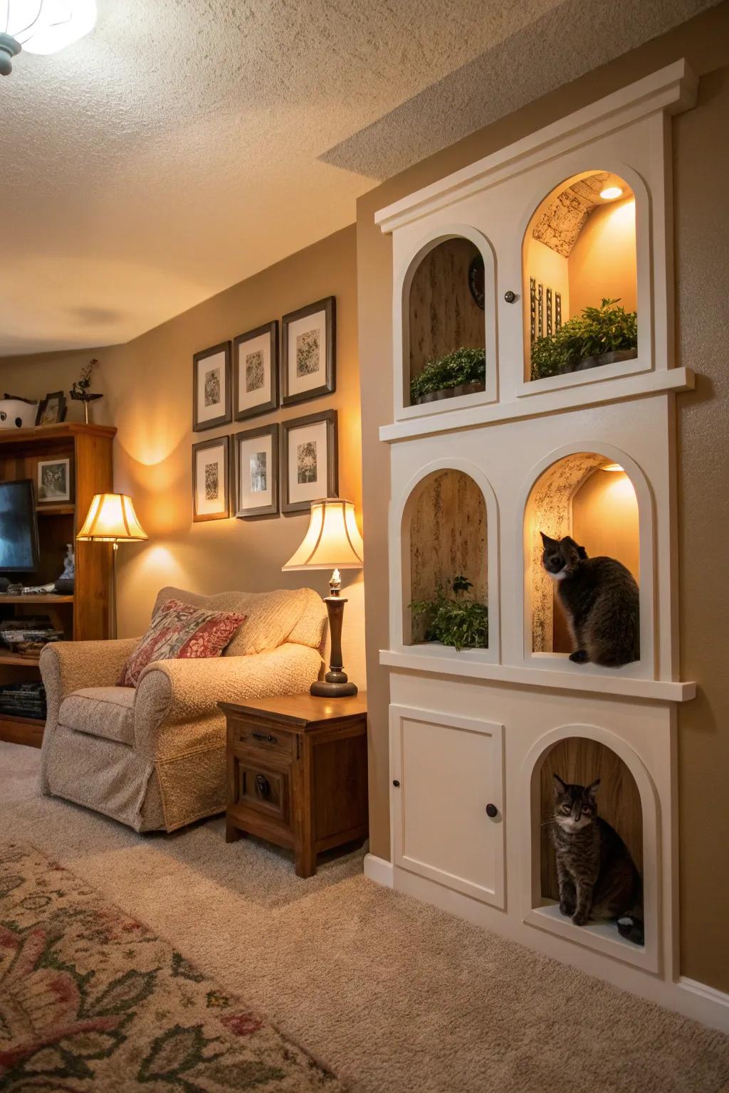 Hidden cubbies provide a sanctuary for shy cats.