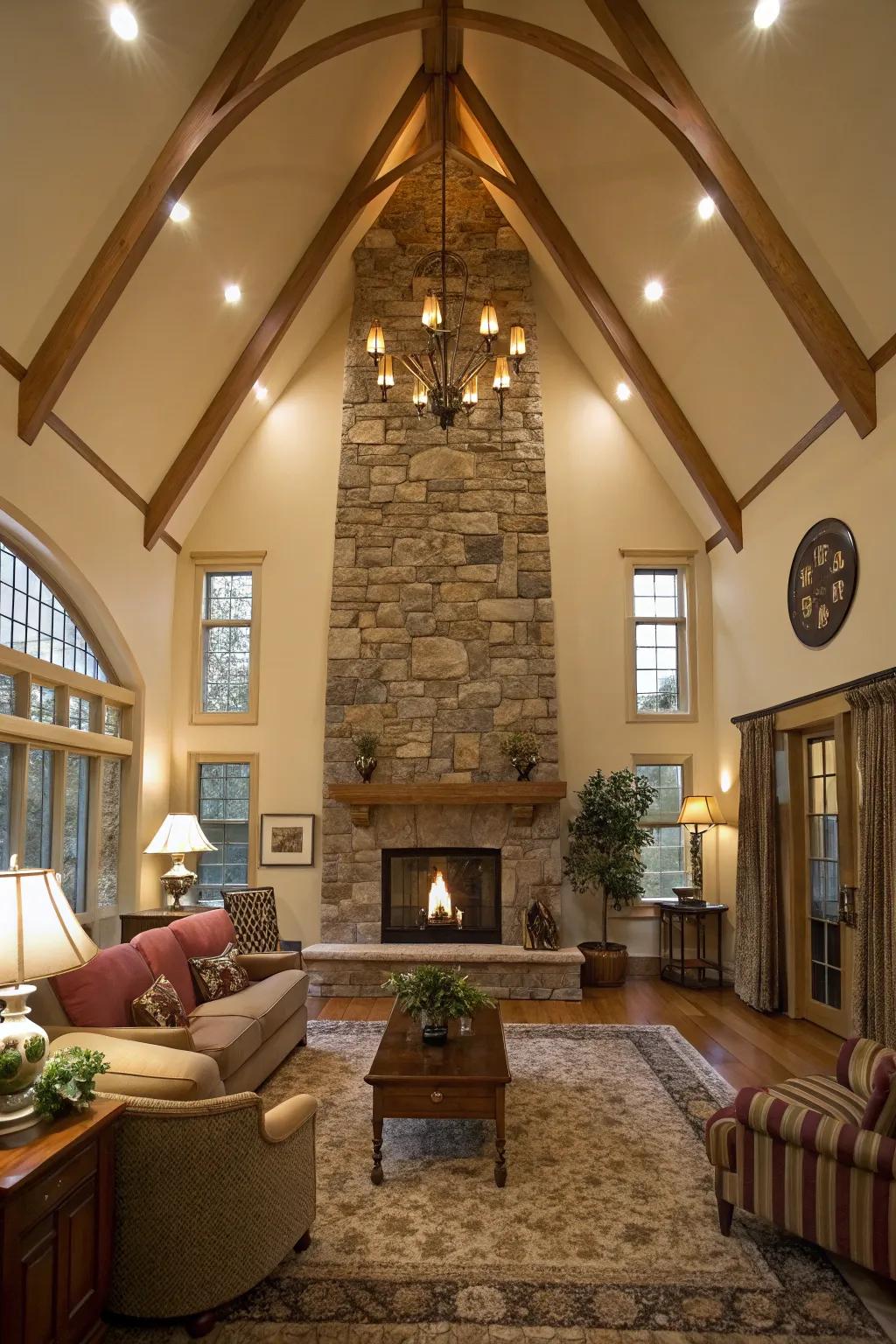 A cozy fireplace serves as a warm focal point in the space.