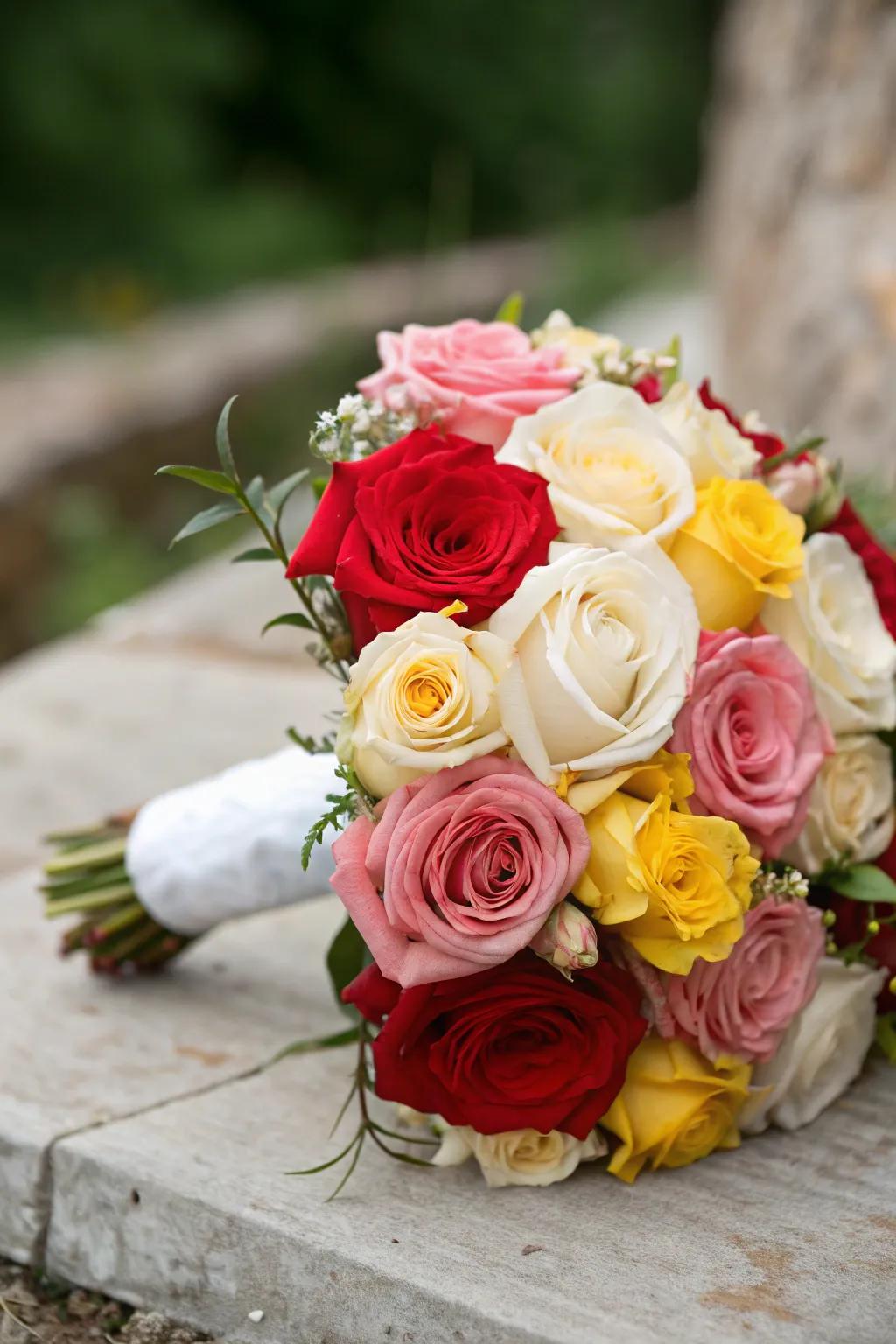 Classic and budget-friendly wedding bouquet with roses.