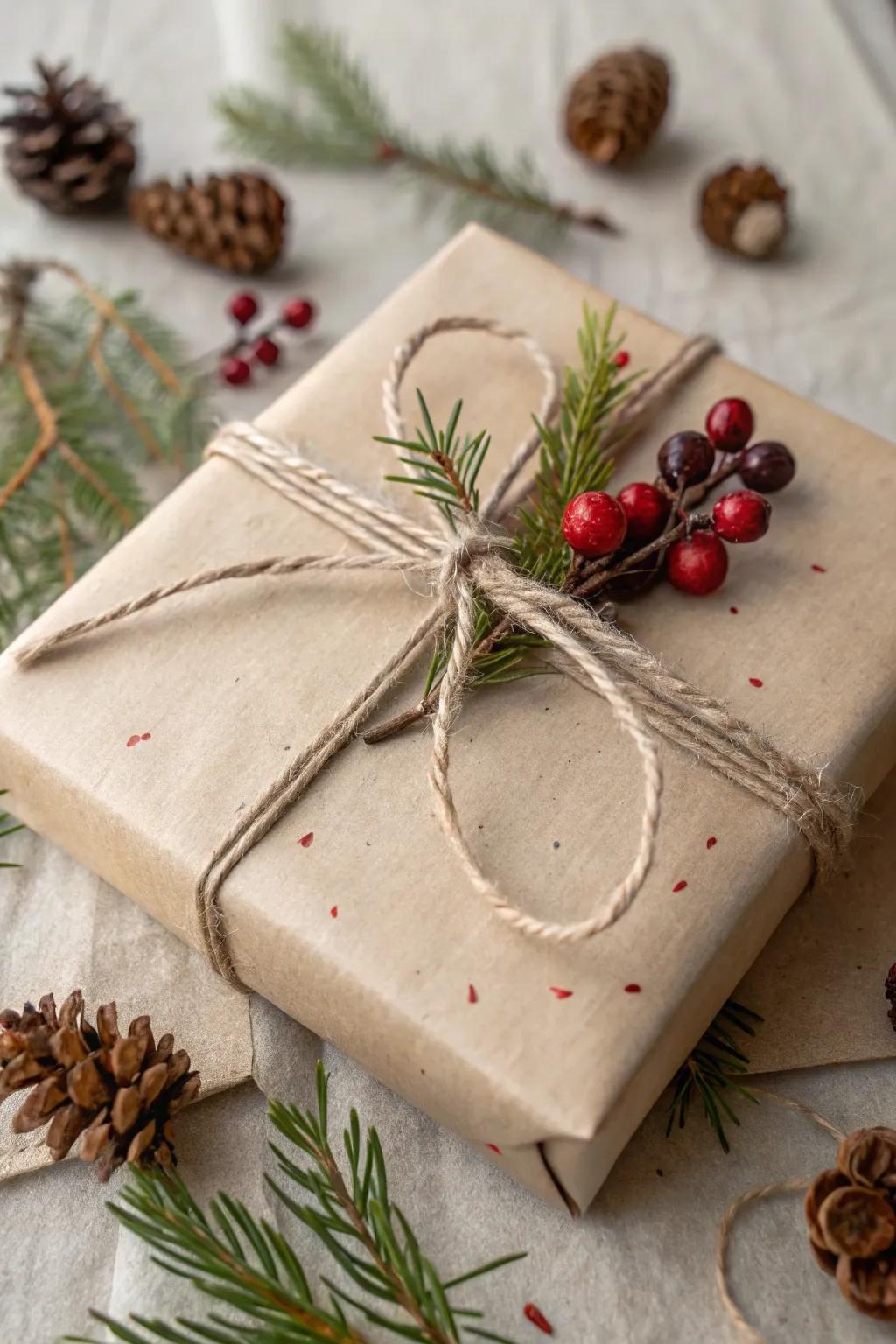 Eco-friendly gift wrapping with twine and natural elements.