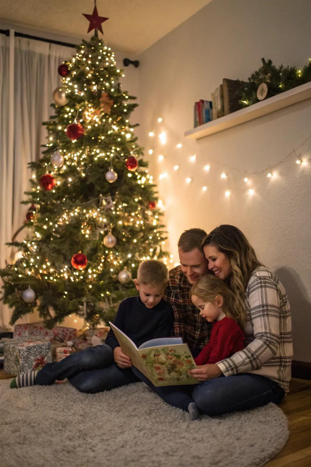 Family enjoying storytime by the Christmas tree.