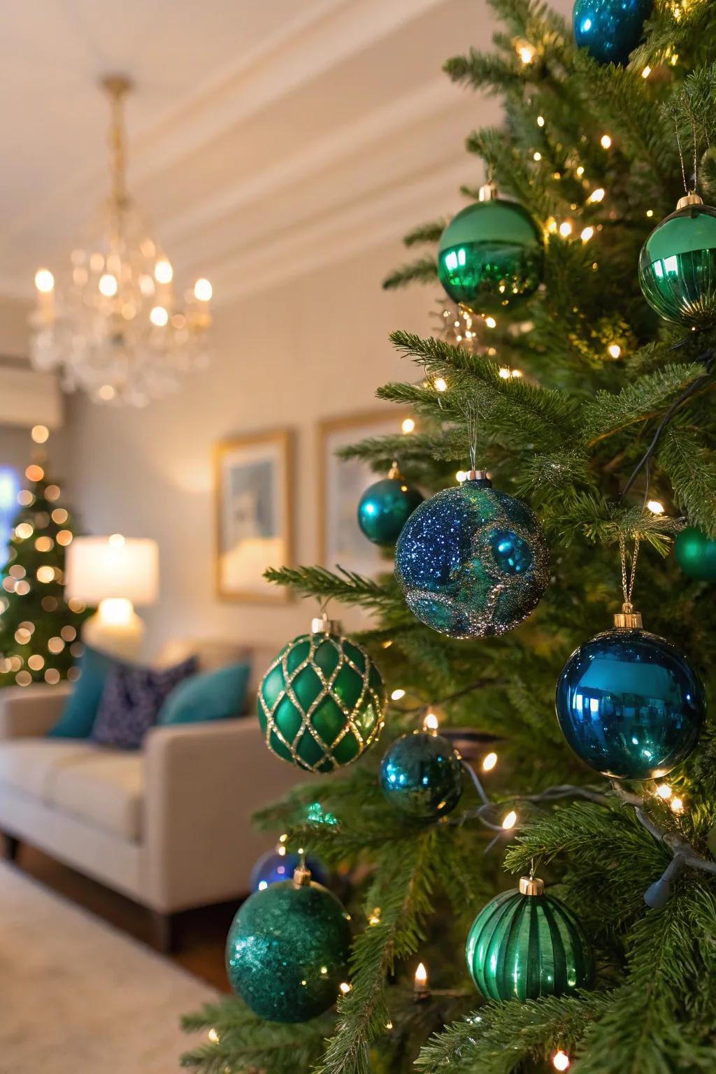 A luxurious Christmas tree with elegant jewel tones.