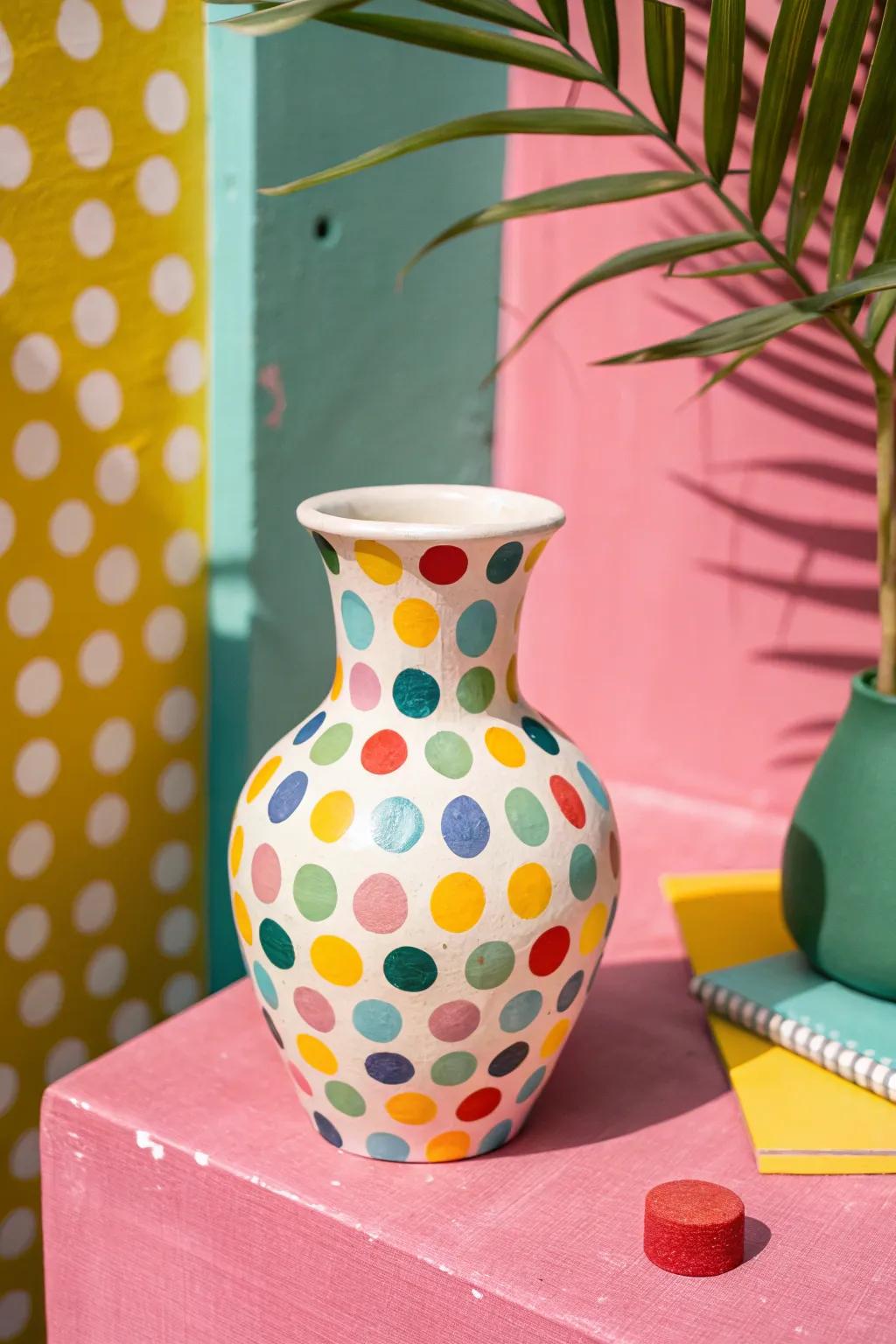 A playful patterned clay vase adding fun and whimsy to any decor.