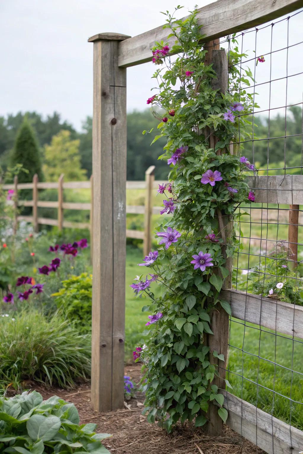 A cattle panel trellis provides a practical support for clematis.