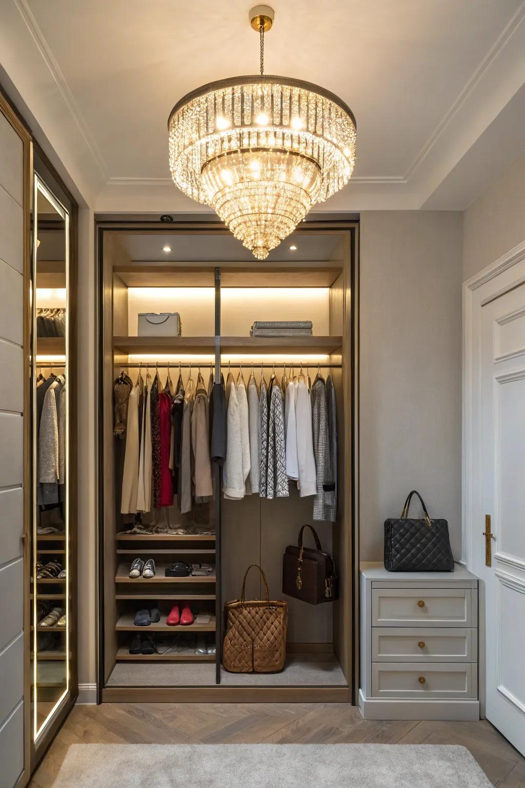 Statement lighting elevates your closet's style and functionality.