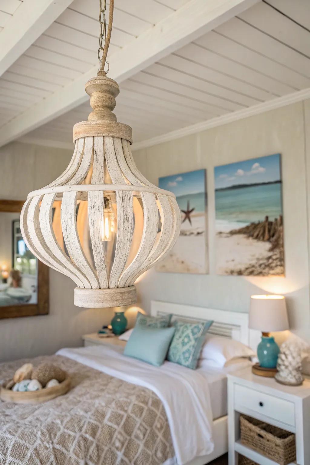 Whitewashed wood fixtures evoke a calming coastal vibe.