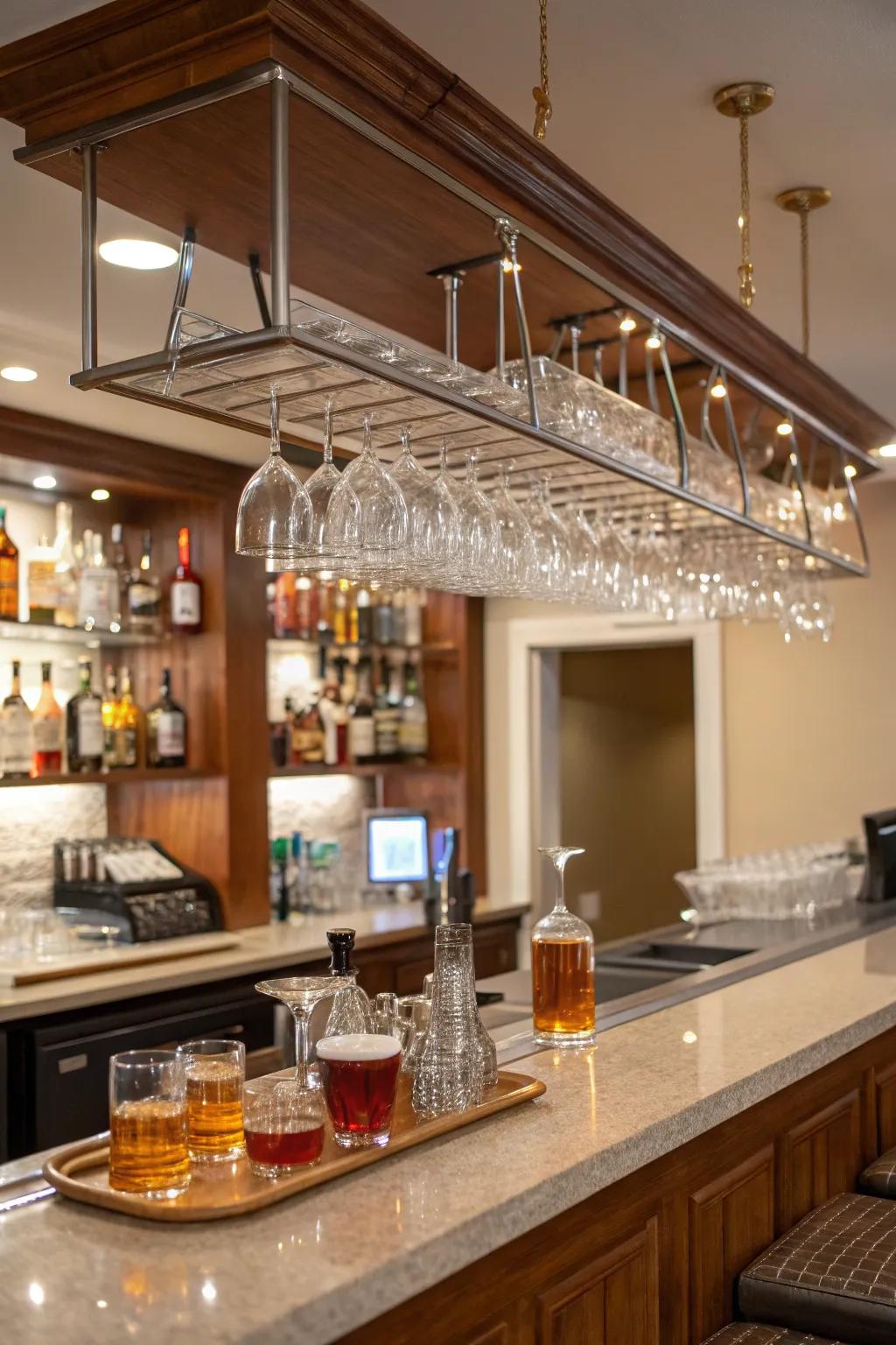 Stylishly displayed glassware enhances the bar's appeal.