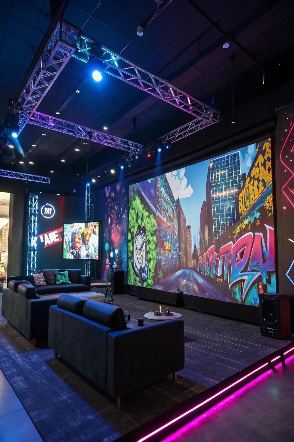 A tech-themed room featuring digital graffiti art on a large screen.