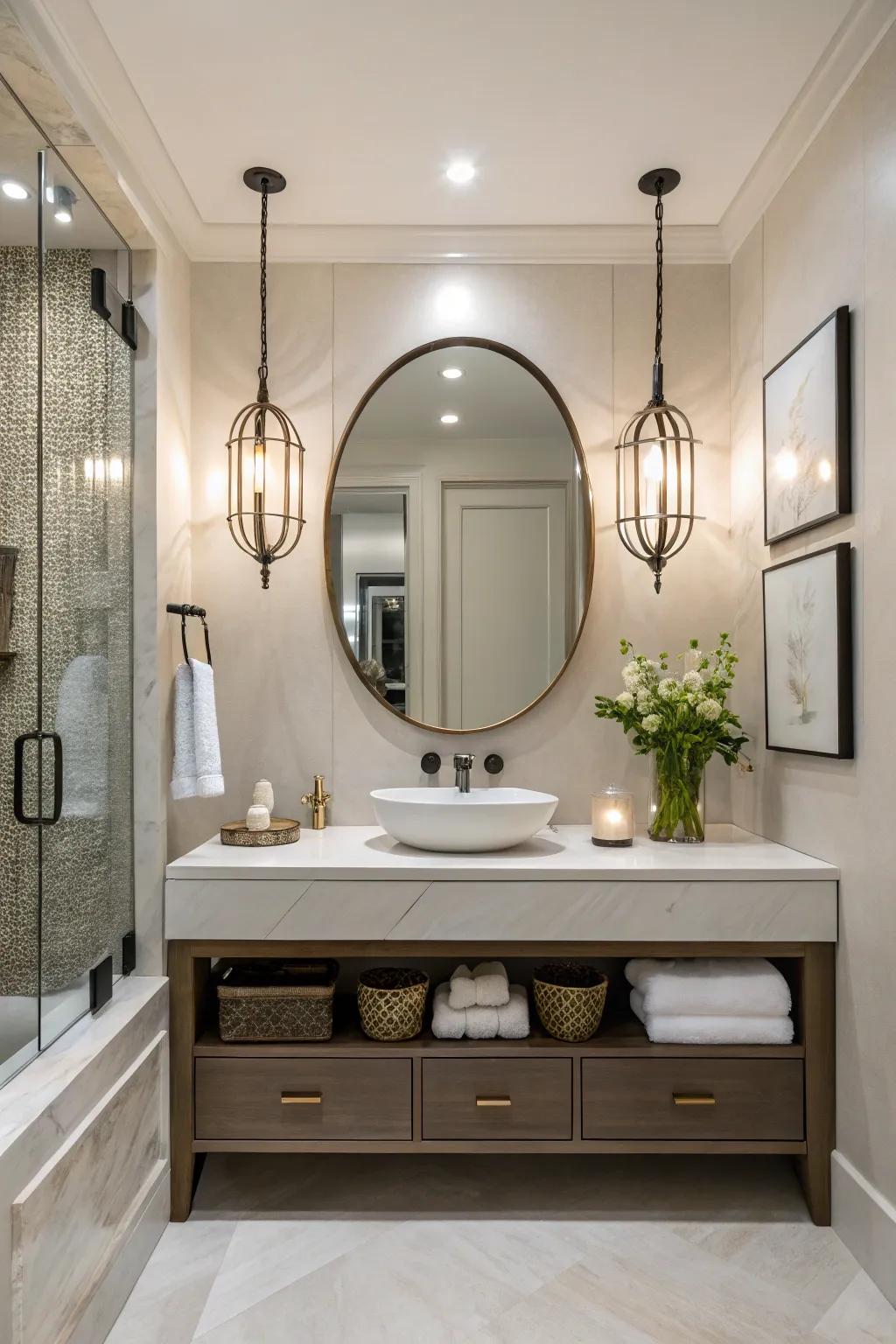 A floating vanity adds a modern touch to this powder room.