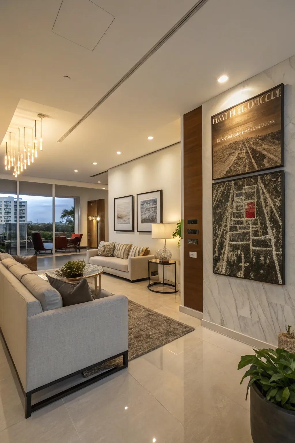 A condo interior featuring large statement artwork as a focal point.