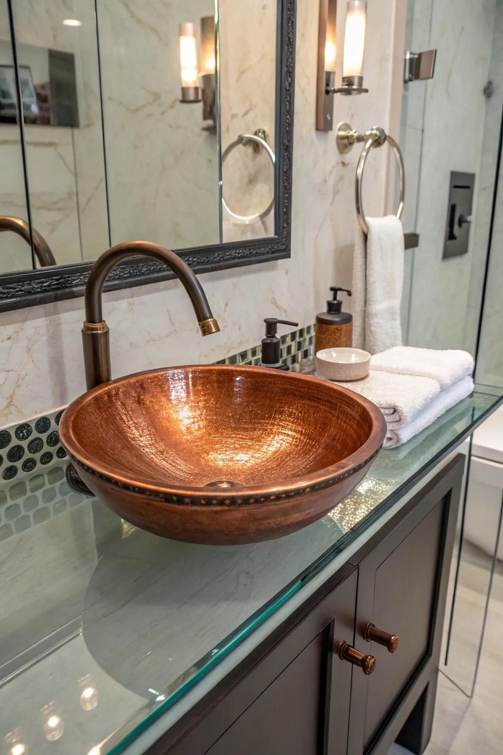 Unexpected material pairings give this bathroom a unique and sophisticated vibe.