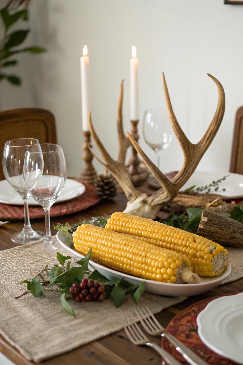 A rustic yet elegant tablescape with corn and antlers.