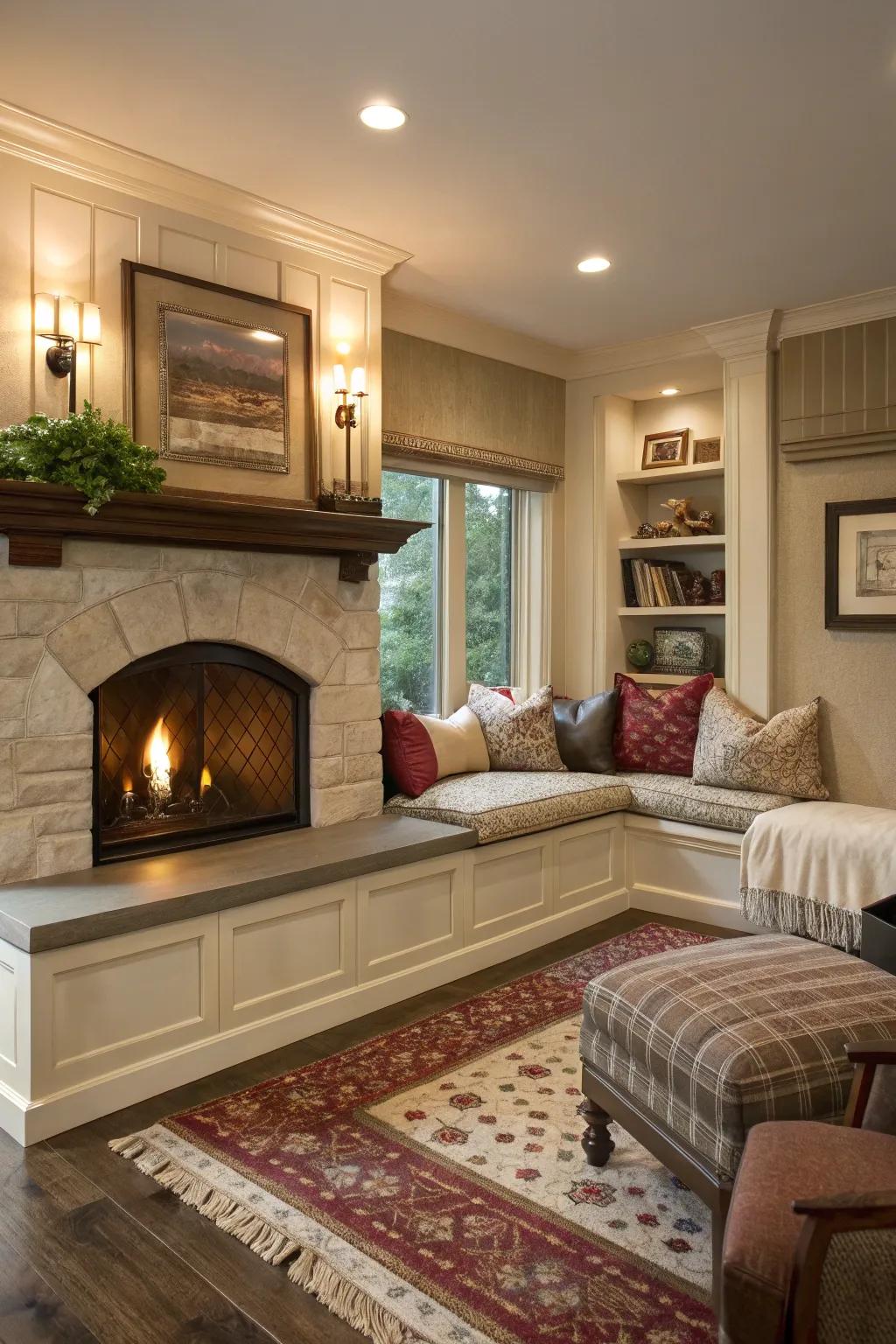 Built-in seating creating a cozy gathering space around a corner fireplace.