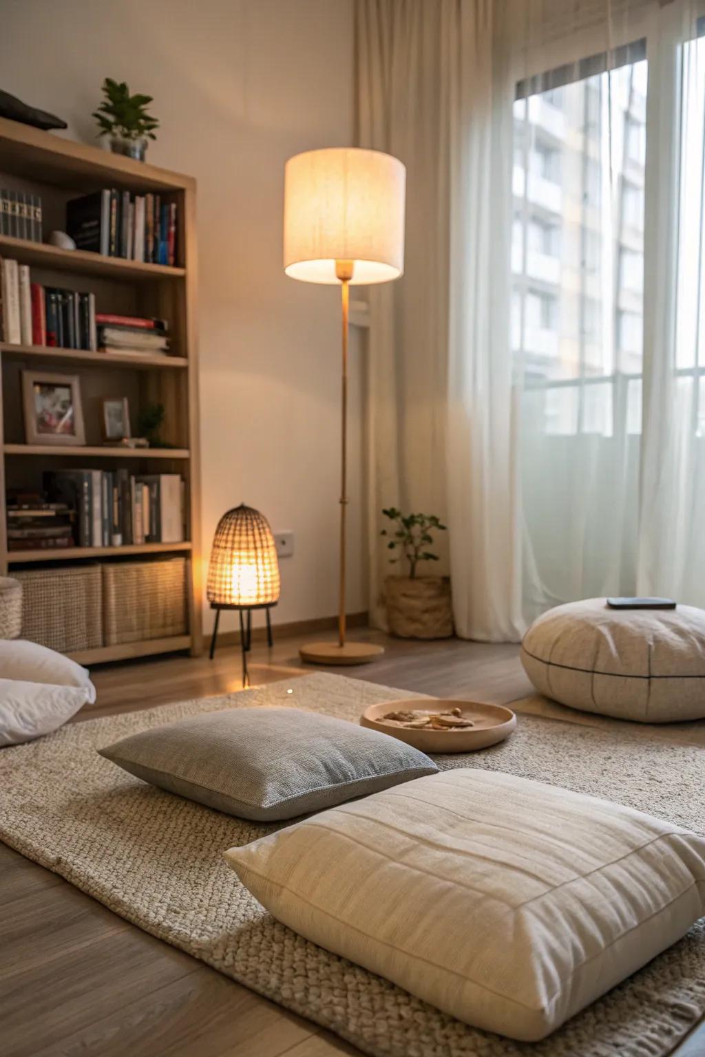 A meditation corner provides a peaceful retreat for relaxation and mindfulness.