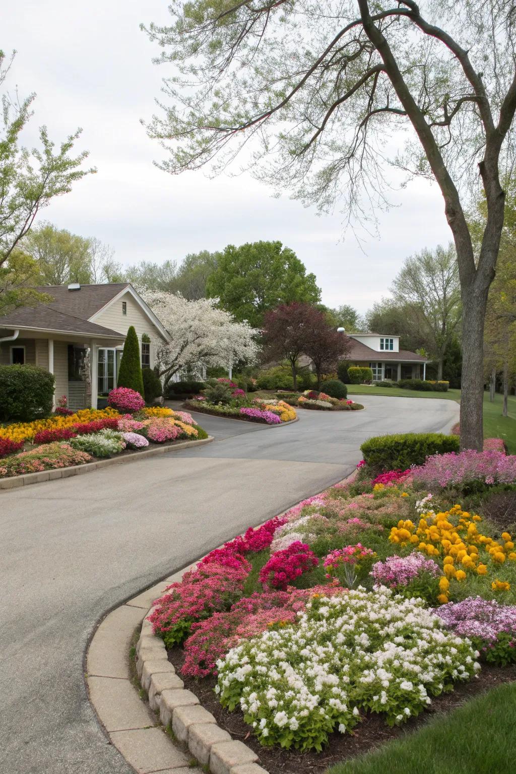 Seasonal blooms adding dynamic color to the driveway.