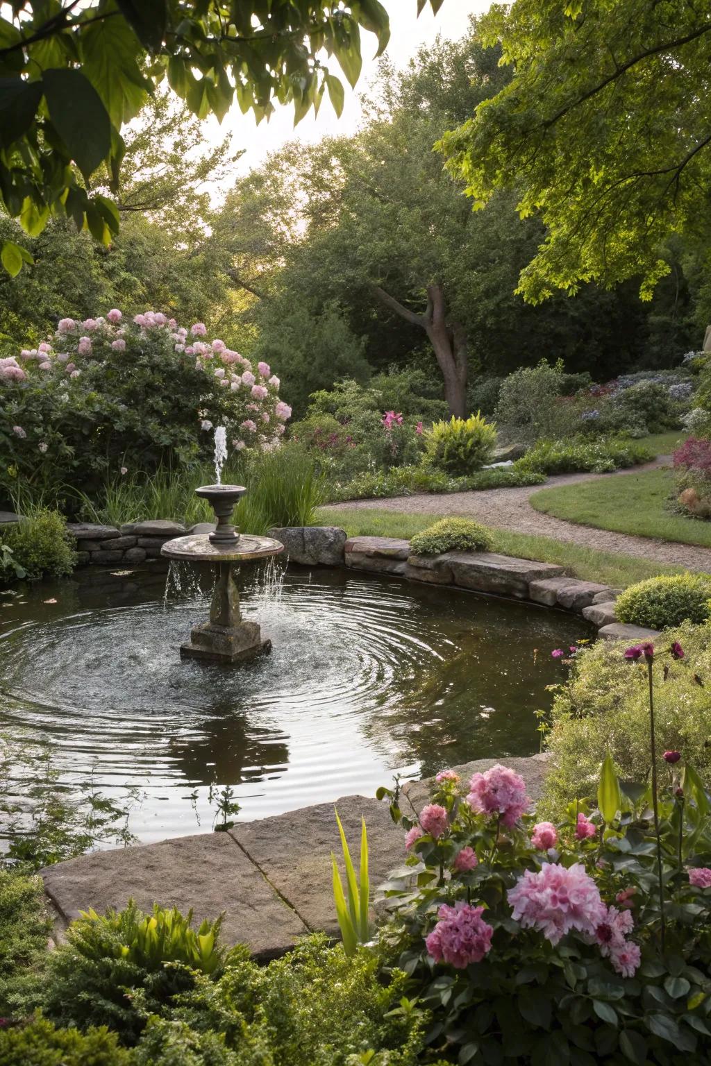 A water feature adding tranquility and beauty to the garden.