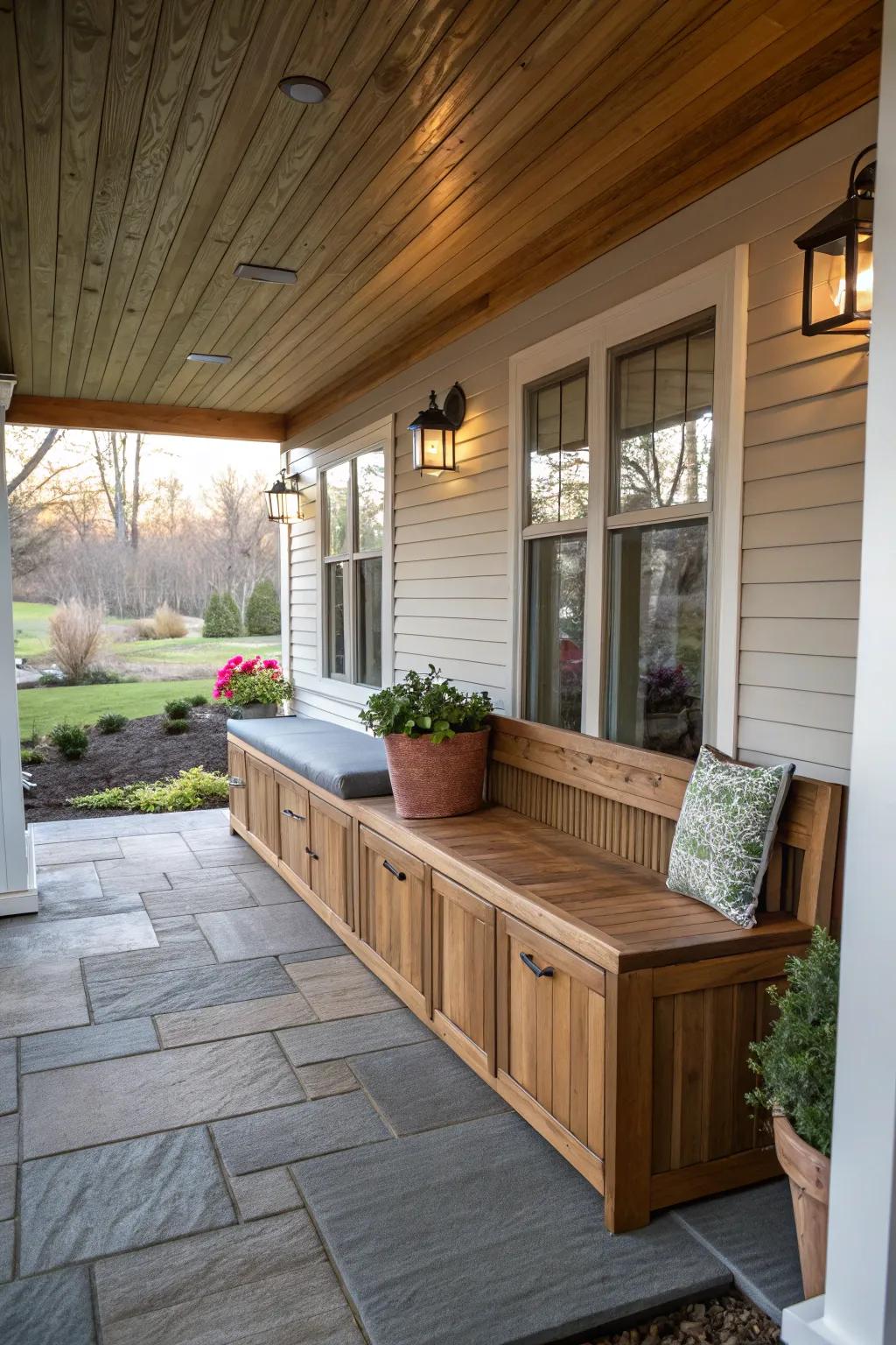 Built-ins offer practical storage and seating solutions.