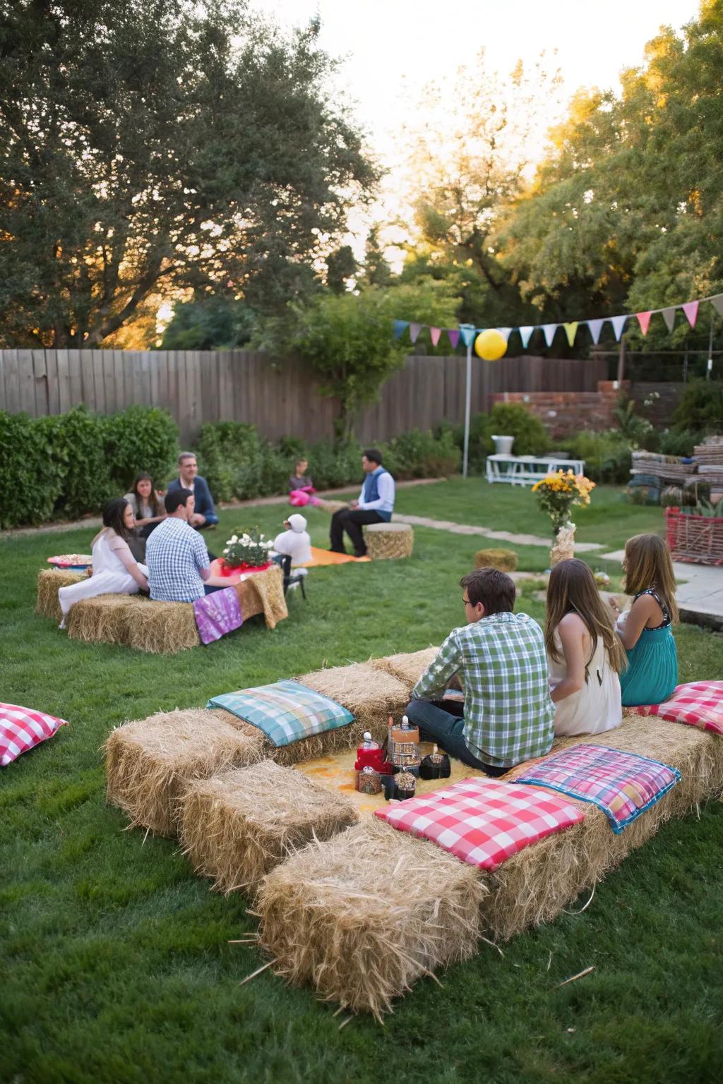 Set the scene with comfortable hay bale seating.