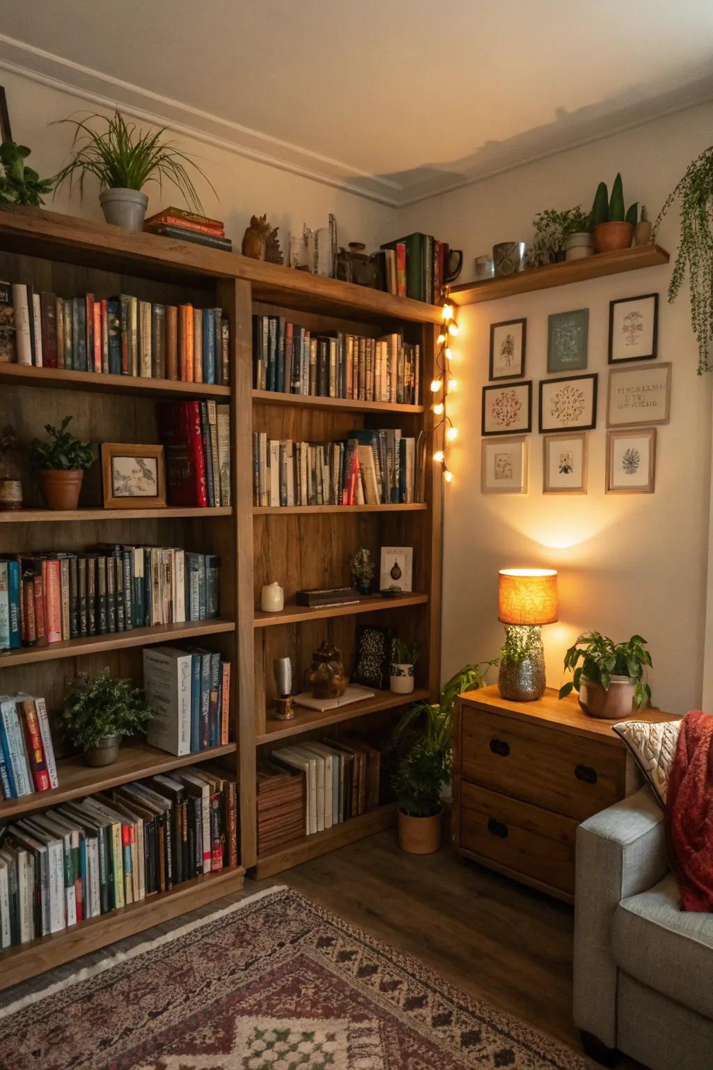 Corner bookshelves make the most of every inch of space.