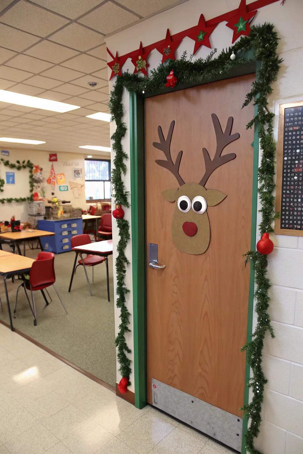 A classroom door transformed into a reindeer stable, full of rustic charm.