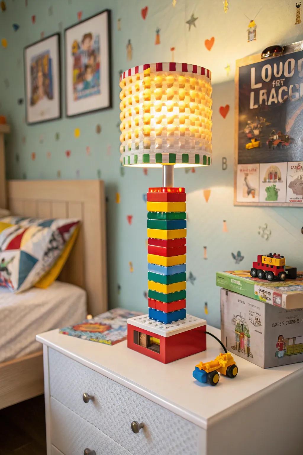 A Lego-based lamp bringing a fun, creative element to a kid's room.