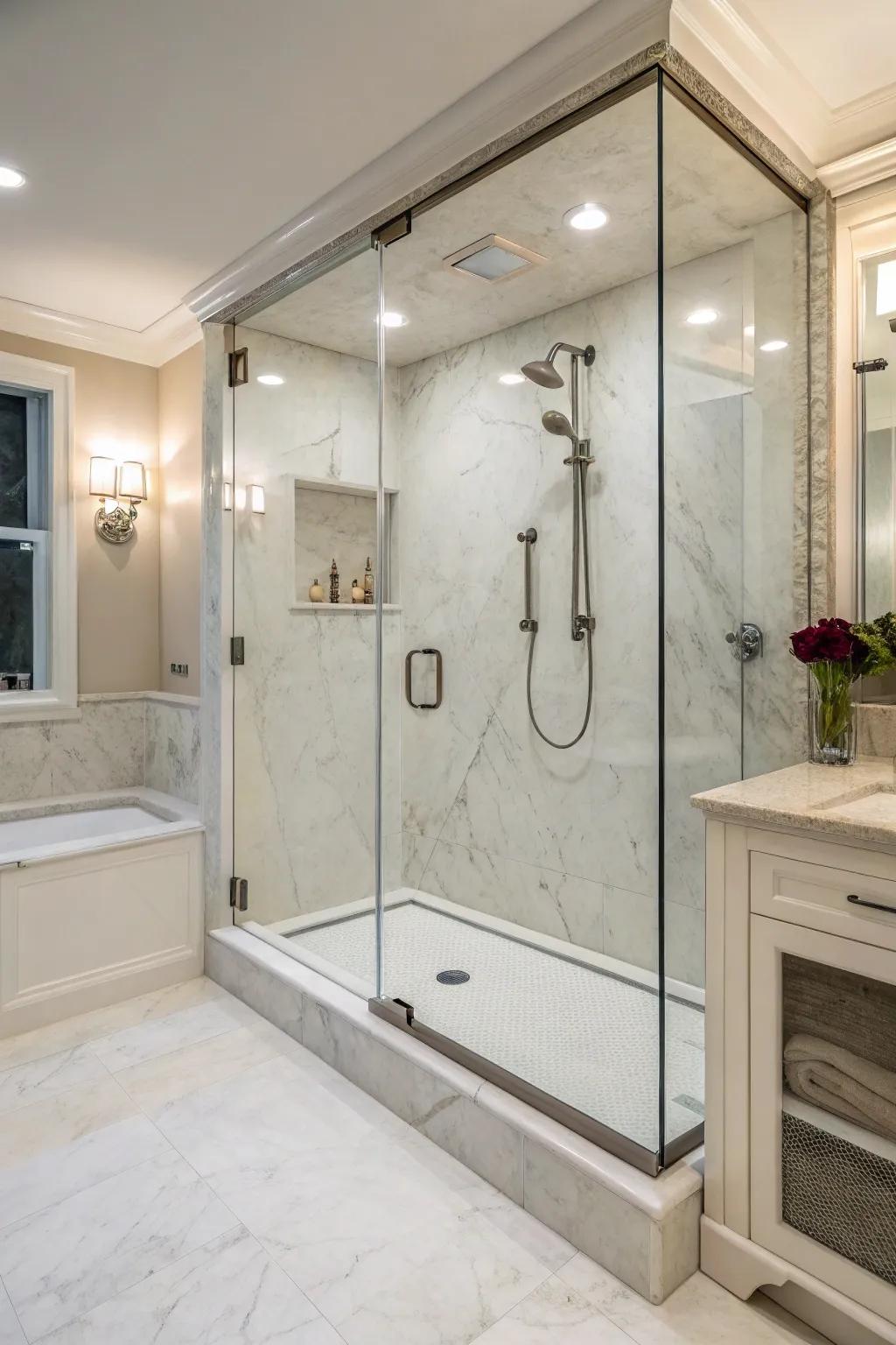 Frameless designs highlight the seamless beauty of cultured marble showers.