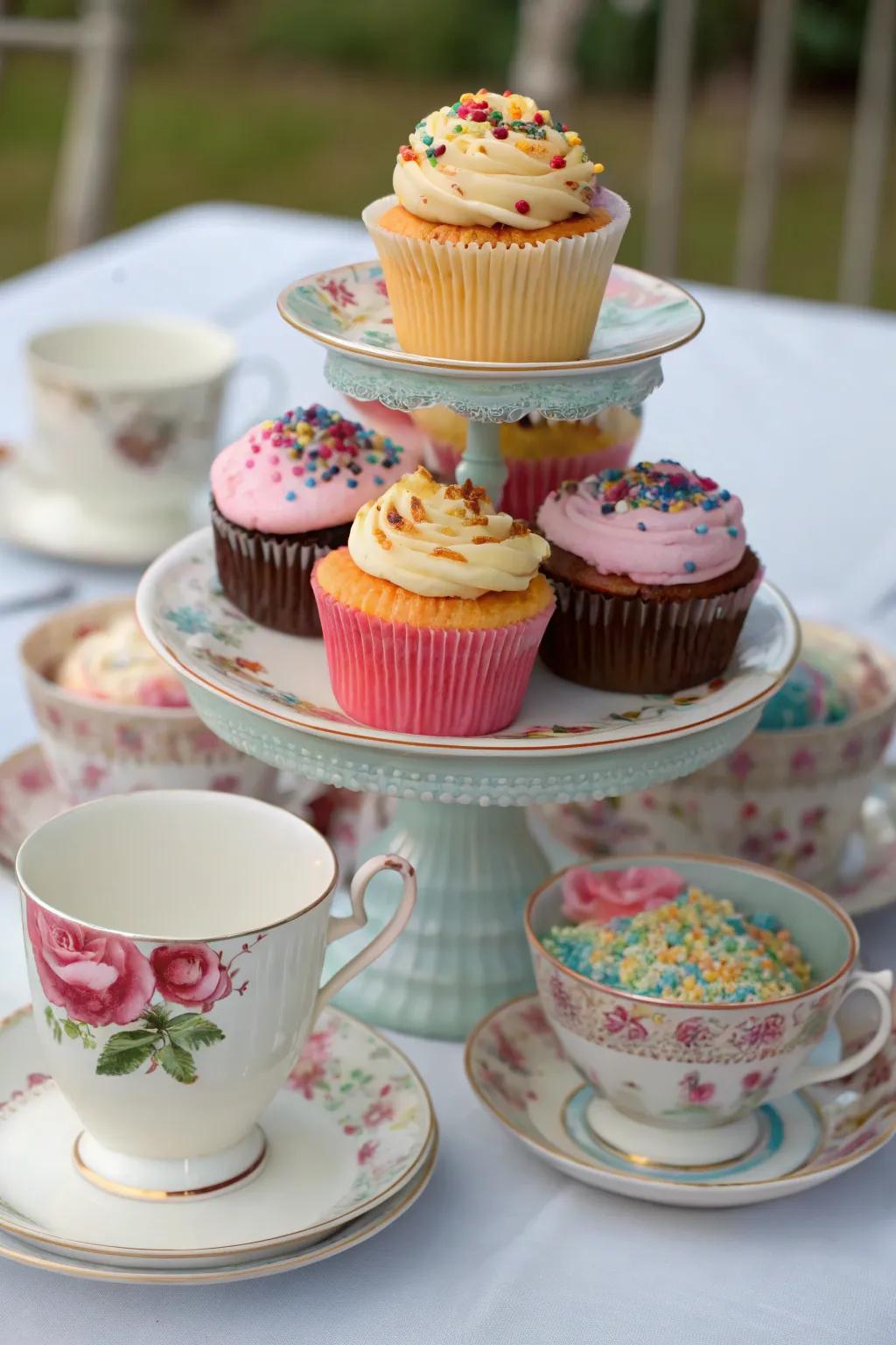 Whimsical arrangement with teacups and saucers for a playful cupcake display.